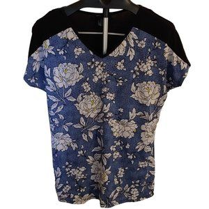Adele  May V-Neck Short Sleeve Top Stretchy Black Blue White Flowers Women's XL